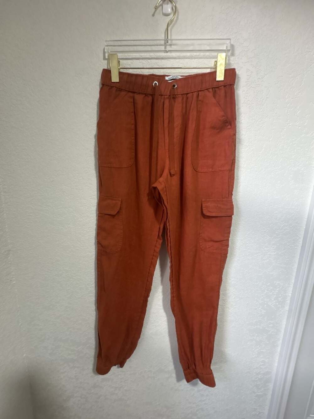 Nicole Miller Cargo Jogger Pants Size S Orange Linen Drawstring